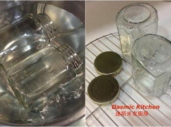 step3: 消毒玻璃瓶： 放在沸水煮2-3分鐘（瓶蓋煮20-30秒就好），取出瀝乾水分; 備用