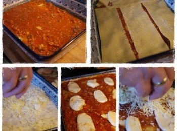 step4: 千層麵手續:肉醬舖底→麵皮→起司粉→肉醬→Mozzarella起司切片舖上→起司粉(重覆再重覆，直到整個烘盤鋪滿即可。)