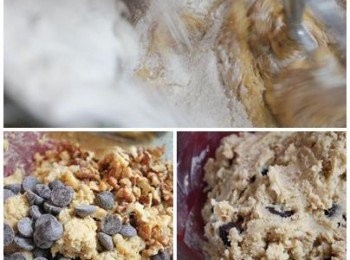 step3: 加入過篩後的中筋麵粉/鹽巴/小蘇打粉, 打勻. 加入適量的巧克力豆與核桃粒, 拌勻即成為餅乾麵糰