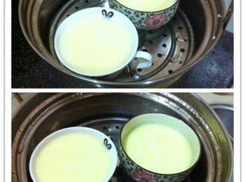 step1: 將蛋加入煉乳打散，然後慢慢的加入食水，充分的攪拌均勻。然後過濾到碗中~