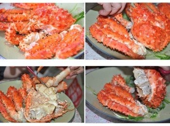 step7: 帝王蟹的殼清蒸後，其實很軟，可以用簡單輕輕簡開即可吃到肥美的蟹肉，但多刺，正確吃法最好用後一些的手套去剝開蟹殼，不然容易刺到喔!