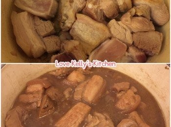 step1: 豬腩肉先飛水，切件備用；冬菇隔夜用水浸軟；