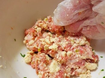 step3: 把豆腐泥及絞肉拌勻。蔥1隻切末，薑末少許，米酒、淡醬油各一匙，鹽、白胡椒、香油少許拌入醃肉