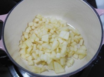 step3: 將蘋果去籽去皮切成小丁狀!!! 取一鍋將蘋果丁放入~~