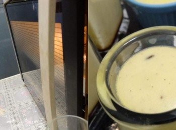 step7: 將布丁送入烤箱，上下火110-120度烤30-40分鐘。
 *烤箱要留一點縫隙（如左圖）避免溫度過高使布丁的孔洞過大又多。 
*烤好的布丁如右圖，表面平滑不再流動即可。