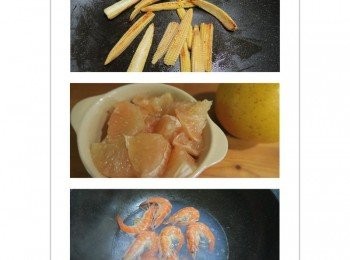 step2: 玉米筍少許油乾煎備用 葡萄柚切塊備用 蝦子燙熟備用
