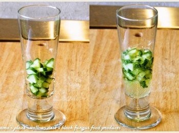 step3: 小黃瓜洗淨後，分切成塊狀，放入玻璃杯中，倒入C.C.Lemon。