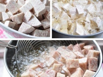 step1: 先將芋頭切丁狀，再下油鍋至芋香釋放出(炸約5~6分鐘)，撈起備用