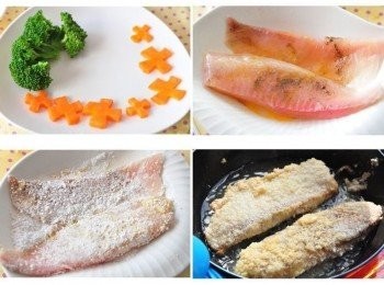 step2: 將川燙好的青花筍與紅蘿蔔花百盤，再將醃魚片沾裹蛋液後再均勻沾上地瓜粉，放置鍋中煎至兩面金黃即可