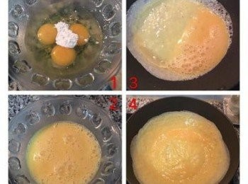 step6: 3顆蛋加入一茶匙太白粉,用叉子打散,不沾鍋中抹少許油,鍋子微熱後倒入一半的蛋液,並馬上離火轉鍋子,讓蛋液均勻的附著在鍋子上,接著用小火慢慢加熱到蛋液完全凝結.