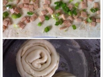 step2: 把麵團分成兩份，捍平至長方形。

然後將餡料攪拌待用。捍平至長方形補上餡料，慢慢捲起來。成漩渦形狀，靜待15分鐘。