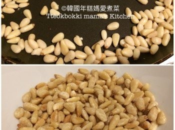 step2: 50g松子放入沒有油的鑊裡用小火烤至微金黃，熄火待用。