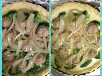 step6: 3.. 在巳焗過的Tart皮內填入西蘭花、肉丸、洋蔥絲，再倒入攪勻的奶液。