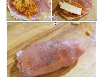 step4: 將巳斷筋且巳拍成薄片的里肌肉片攤平，撤上適量的栯椒粉之後 再擺上適量的泡菜，之後再放上起司片之後捲起，即成里肌肉捲。 而若是要做成夾心豬排，則在放上起司片之後，再蓋上另一片里肌肉片即可