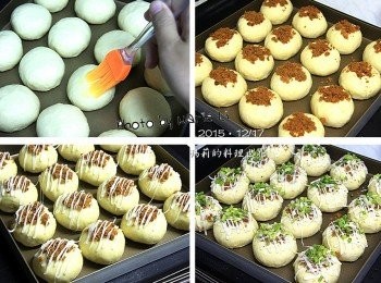 step6: 發酵完成的餐包表面刷上一層蛋液
然後鋪上少許的肉鬆；淋上些許的沙拉
最後在上面灑一些蔥花
即可送進已事先預熱好的烤箱中烘烤

烤箱設定：

上火：          180度
下火：          180度
烤盤放置：    上層
時間：        15分鐘

麵包進入烤箱前先於表面噴上一點水
烘烤至表面均勻上色即可取出。


※ 每台烤箱的狀況皆不相同，請依自家烤箱的狀況做調整設定。