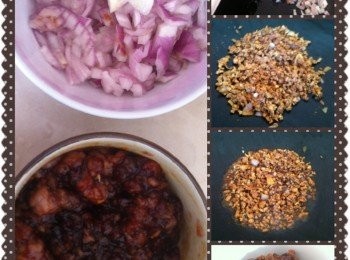 step3: 叉燒做法；
將半肥瘦剁成碎《不要太過碎》待用。
取出鍋將半肥瘦肉碎下鍋炒干水分，然後加入1匙食油炒翻。
順序加入所有剩餘的叉燒<span class="group_1">食材</span>煮至濃稠，然後盛起加入芝麻【留下一些芝麻待裝飾燒包表面用】攪拌待用。