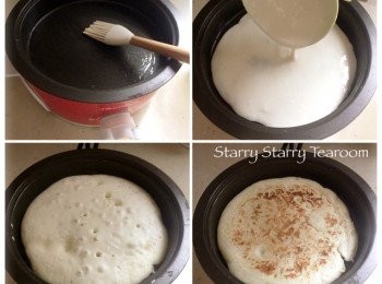 step2: 將Recolte煎盤掃上油，火力調較至3度，倒入粉漿。當小鍋開始變熱，粉漿開始凝固，調較火力至2度。當面部粉漿也漸漸凝固時，便可反面再煎。