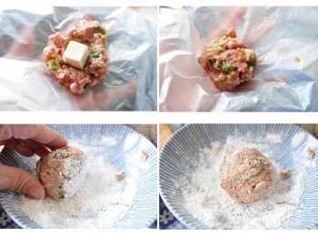 step3: 接著準備塑膠袋(或手底塗抹些橄欖油，這樣就不會沾黏肉末更好包覆)，取出適量的牛絞肉，再放入起司球，最後再加入適量的絞肉包成圓球狀，馬上均勻沾上地瓜粉