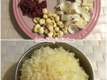 step1: 雪耳浸開後洗乾淨切件，蓮子及紅棗去心備用；