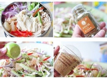 step4: 將所有的<span class="group_1">食材</span>放入器皿盆中，加入適量的鹽巴及香油和天然的義大利香料，再擠上鮮鮮的檸檬汁增加香氣提味，充分均勻的攪拌所有<span class="group_1">食材</span>，最後灑上白芝麻即可