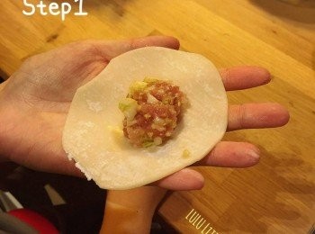 step4: 取一塊餃子皮，將肉餡放在中間