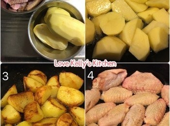 step1: <a href="https://bit.ly/3zHU5V3" target="_blank" data-keyword="雞翼" class="guide-link"><strong>雞翼</strong></a> <span style="display:inline-block;vertical-align:middle;margin-top:-3px;color:initial;border-radius:3px;padding:2px 3px;font-size:12px;line-height:14px;background:#87d300;color:#fff;">即買</span> 解凍洗乾淨，薯仔去皮切件；
熱好油鑊，放入薯仔煎香至金黃色盛起備用；