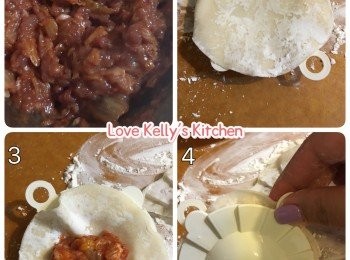 step2: 將材料包入餃子皮內，灑上少許豆粉備用；