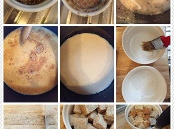 step2: 麵包切皮，皮切粒，全塊麵包亦切粒，備用，