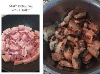 step2: 炒鍋不放油煎用少許鹽抓過的五花肉到熟和上色，起鍋備用。