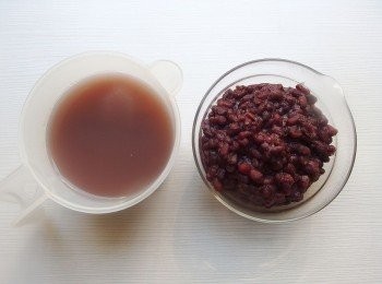 step1: 蜜紅豆可在前一晚先煮好入味。將紅豆浸泡4-6小時後,倒掉浸泡的水,再加入適量的水(超過紅豆即可)煮滾後馬上熄火,將紅豆瀝乾(這個步驟可將紅豆的豆澀味去除)。開始煮紅豆:放入超過紅豆高度10cm的水量,用電鍋燉煮(外鍋放1杯水)跳起燜20分鐘,過濾出紅豆水500g,再將二砂糖和黑糖及鹽加入紅豆混合。