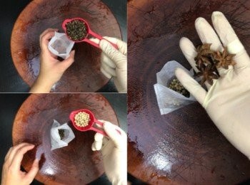 step4: 花椒、白胡椒粒、八角先入茶袋備用
（放入茶袋燜煮，之後吃時就不用邊吃邊吐花椒和白胡椒粒了）