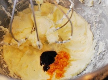 step11: 加入香草膏、柳橙皮屑與鹽，一同打至滑順（可酌量增減糖粉以調整至喜歡的糖霜硬度）