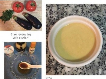 step1: 茄子、蕃茄和巴西里葉洗淨瀝乾備用。 沙拉醬的材料都混勻後放冰箱冷藏備用。