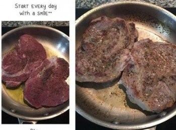 step2: 烤箱預熱到180度； 準備可入烤箱的平底鍋，放適量桿欖油燒熱後放入豬肩肉兩面都煎上色。