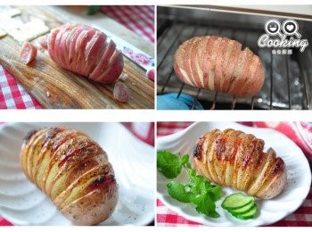 step9: 另外也可以準備馬鈴薯，切開後塞入香腸片後，灑上少許鹽及香料再塗上一層椰子油進行燒烤，就能享受美味的香腸手風琴馬鈴薯喔!