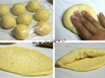 step4: 發酵好的麵糰等分成八份
再蓋上保鮮膜靜置 20 分鐘 讓麵糰鬆弛

鬆弛好的麵糰先按壓排氣
擀成橢圓形，鋪上《起士粉》
將麵糰以《橄欖形方式》捲起
收尾處捏緊即可。