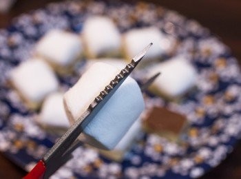 step4: 在一把乾淨的食物剪刀上塗少許油，打直把棉花糖剪成兩份後，把棉花糖切口向下放於己塗上nutella的麵包上。（多了半顆棉花糖，吃掉吧！）