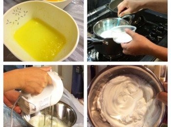 step1: 1. 將牛奶、砂糖、牛油煮溶 
2. 篩入麵粉
3. 加入蛋黃攪勻