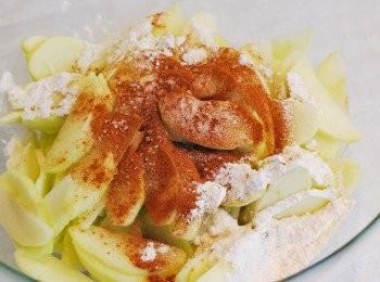 step9: 製作<span class="group_2">蘋果內餡</span>：將青蘋果去皮去籽切成薄片，與檸檬汁、砂糖、麵粉、香料及海鹽混合均勻