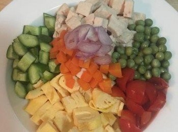 step7: 小黃瓜、<a href="https://bit.ly/3EZL8dD" target="_blank" data-keyword="雞胸" class="guide-link"><strong>雞胸</strong></a> <span style="display:inline-block;vertical-align:middle;margin-top:-3px;color:initial;border-radius:3px;padding:2px 3px;font-size:12px;line-height:14px;background:#87d300;color:#fff;">即買</span> 肉、蛋捲切丁，小蕃茄對切去籽再對切，紅蘿蔔切小丁，紅蔥頭切薄片。