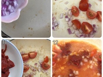 step5: 下洋蔥粒炒一炒，加入蕃茄粒、茄膏和水煮均至滾起；