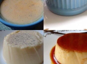 step8: 烤好的布丁可以直接享用，建議可以冰至冷藏一個鐘頭以上，風味更佳。若要將布丁從碗中取出，首先，用小刀在布丁碗內壁劃一圈（左上圖）記得刀尖要頂到碗底；接著取一個盤子，倒扣至盤中，上下晃動（右上圖），即可將布丁脫模。
 *左下圖是沒有加入焦糖的布丁，所以表面沒有潤滑，較沒右下圖（有焦糖）來的平整。