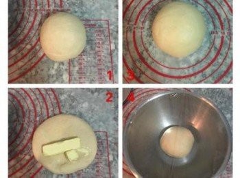 step3: 接著將面團壓扁，加入奶油，壓揉到奶油完全被面團吸收，且面團光滑揉軟，即可放入盆中，用保鮮膜蓋好，進行第一次發酵。