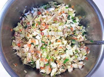 step2: 取出容器，放入所有<span class="group_1">食材</span>（高麗菜、蒜苗、水餃皮除外）拌勻。再放入高麗菜碎和蒜苗碎，拌勻。