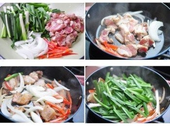 step2: 備料如圖~先將少許的油將洋蔥絲、辣椒絲與鹹豬肉片煸香，再將韭菜放入鍋中一起大伙拌炒即可