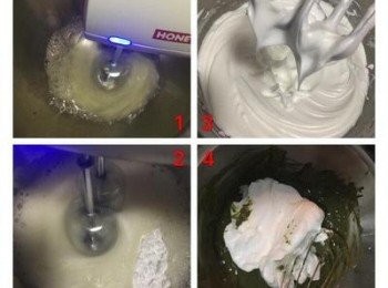 step6: 1.蛋白略打發後加入檸檬汁。2.再分3次加入糖，高速打到蛋白出現打痕後轉中低速打到硬發泡。3.攪拌器抽起時蛋白硬挺即可。 烤箱預熱到160度。4.先舀1/3蛋白霜進抹茶蛋黃糊中，輕輕拌勻。再舀1/3蛋白霜進抹茶蛋黃糊中拌勻。