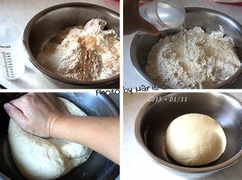 step2: 製作《麵皮麵糰》：

中筋麵粉：          400g
低筋麵粉：          200g
酵母粉：              6g
細砂糖：             10g
鹽：                  2g
溫水：              320g

將所有材料倒入工作鋼盆中
慢慢地揉搓成光滑麵糰
蓋上濕布或保鮮膜
靜置一個小時做發酵。

※溫水指手摸不燙的程度，水溫不要超過 40度。