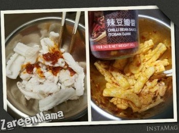 step3: 當鮮魷完全索乾，就可以加入豆瓣醬，醃30分鐘。