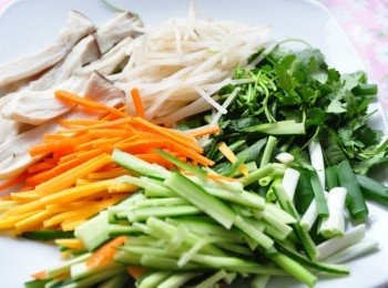 step1: 備料:杏鮑菇川燙後放涼再隨意撕成絲、豆芽菜也川燙放涼、紅蘿蔔與小黃瓜切細絲、青蔥與香菜切段