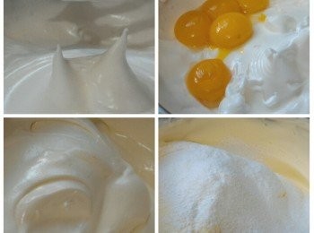 step6: 鹽加入蛋白內再把砂糖分3次加入打至蛋白企身起角後加入蛋黃用膠刮刀拌勻。然後分3至4次篩入低筋粉拌勻。